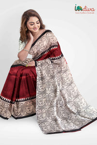 Maroon Block Printed Murshidabad Silk saree
