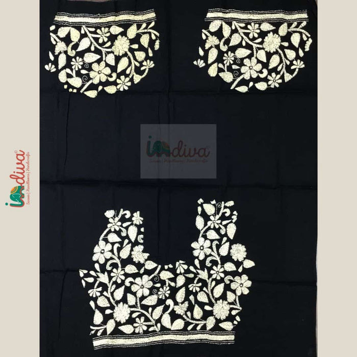 Monochrome Kantha Blouse Material With Floral Motifs