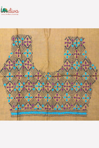Mustard Yellow Kantha Blouse Fabric With Pink, Black & Green Motifs