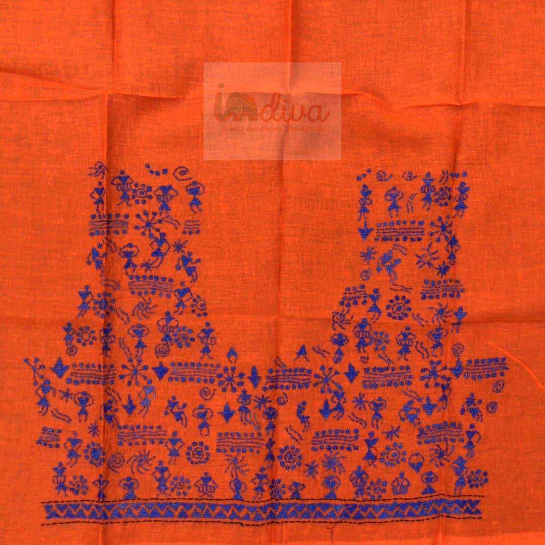 Orange Kantha Blouse Fabric with Blue Worli Motifs-Back