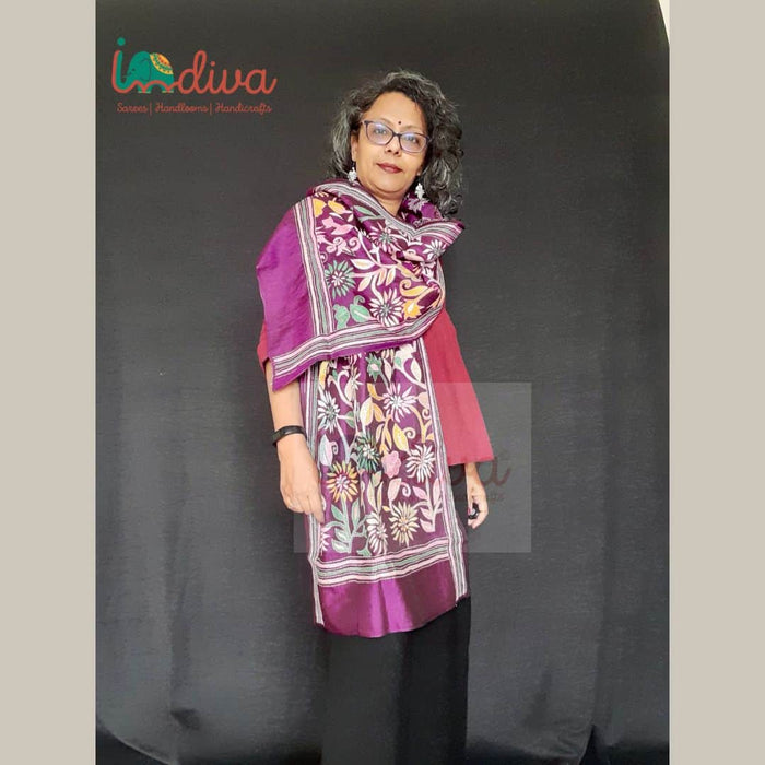 Purple Handcrafted Kantha Silk Stole