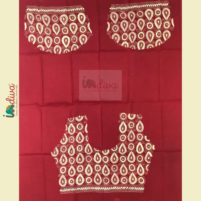Red & Beige Kantha Blouse Fabric