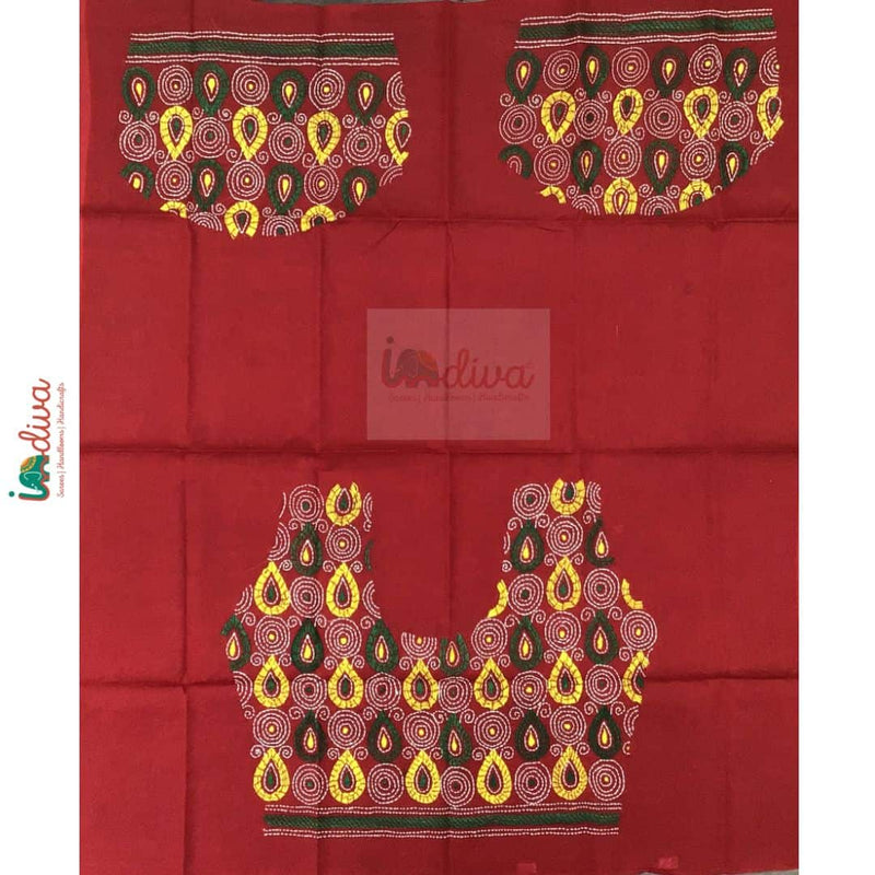Red Kantha Blouse Material With Green & Yellow Motifs