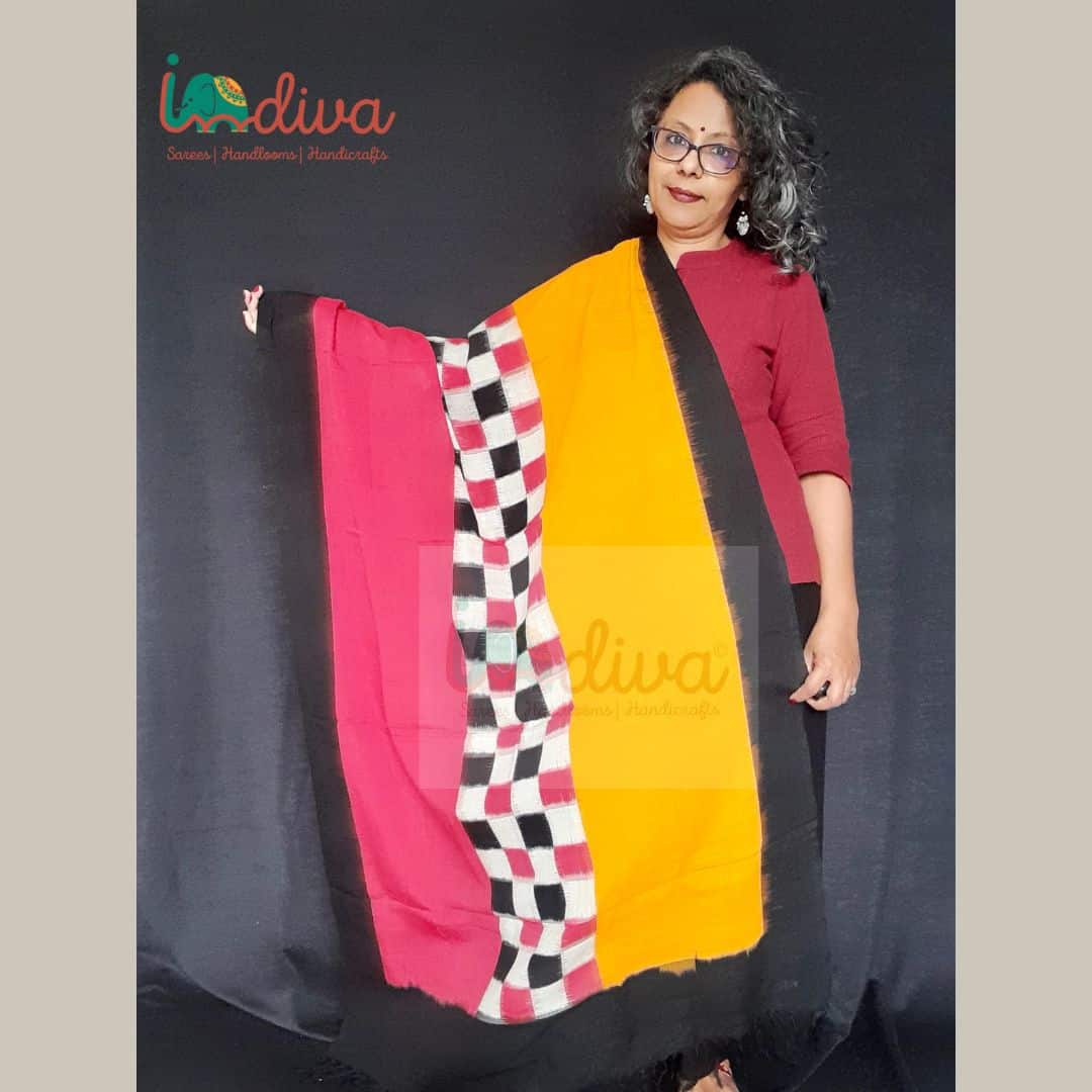 Red & Yellow Handloom Cotton Ikat Dupatta-Display