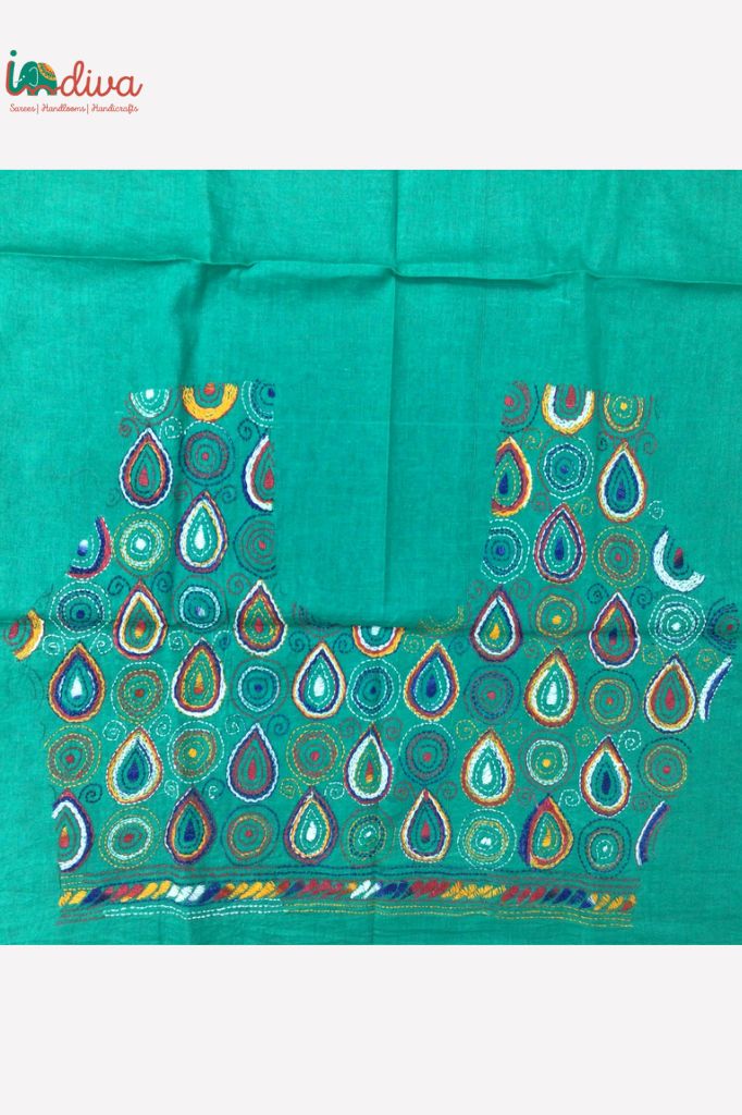 Sea Green Kantha Blouse Fabric With Multi Colour Motifs