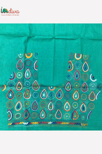 Sea Green Kantha Blouse Fabric With Multi Colour Motifs