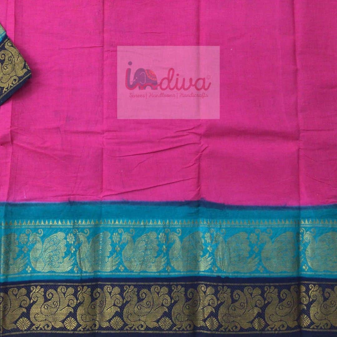 Sungudi Pink Ganga Jamuna Border Handloom Cotton Saree-Double Border