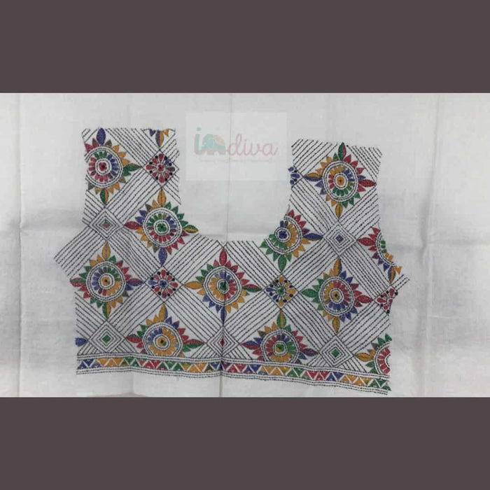White Kantha Blouse Fabric With Colourful Motifs