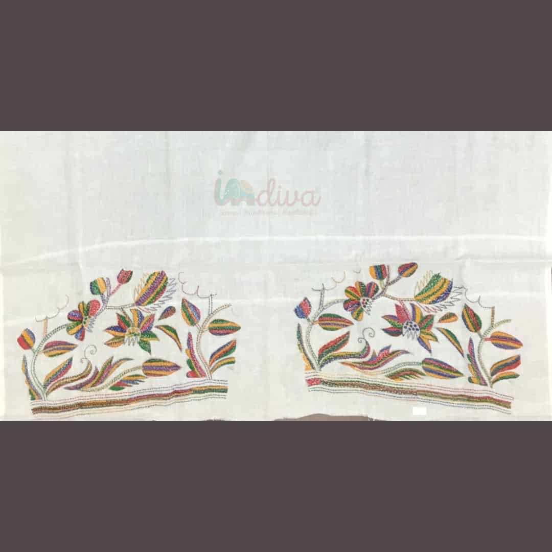 White Kantha Blouse Fabric With Dense Floral Motifs-Sleeves