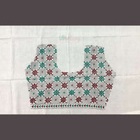 White Kantha Blouse Fabric With Diagonal Floral Pattern-Back