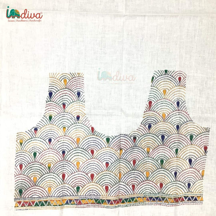 White Kantha Blouse Piece With Colourful Matsya Motifs-Body