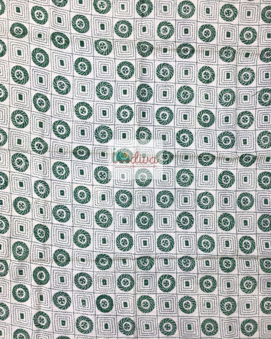 Beige Kantha Blouse Fabric With Green Motifs