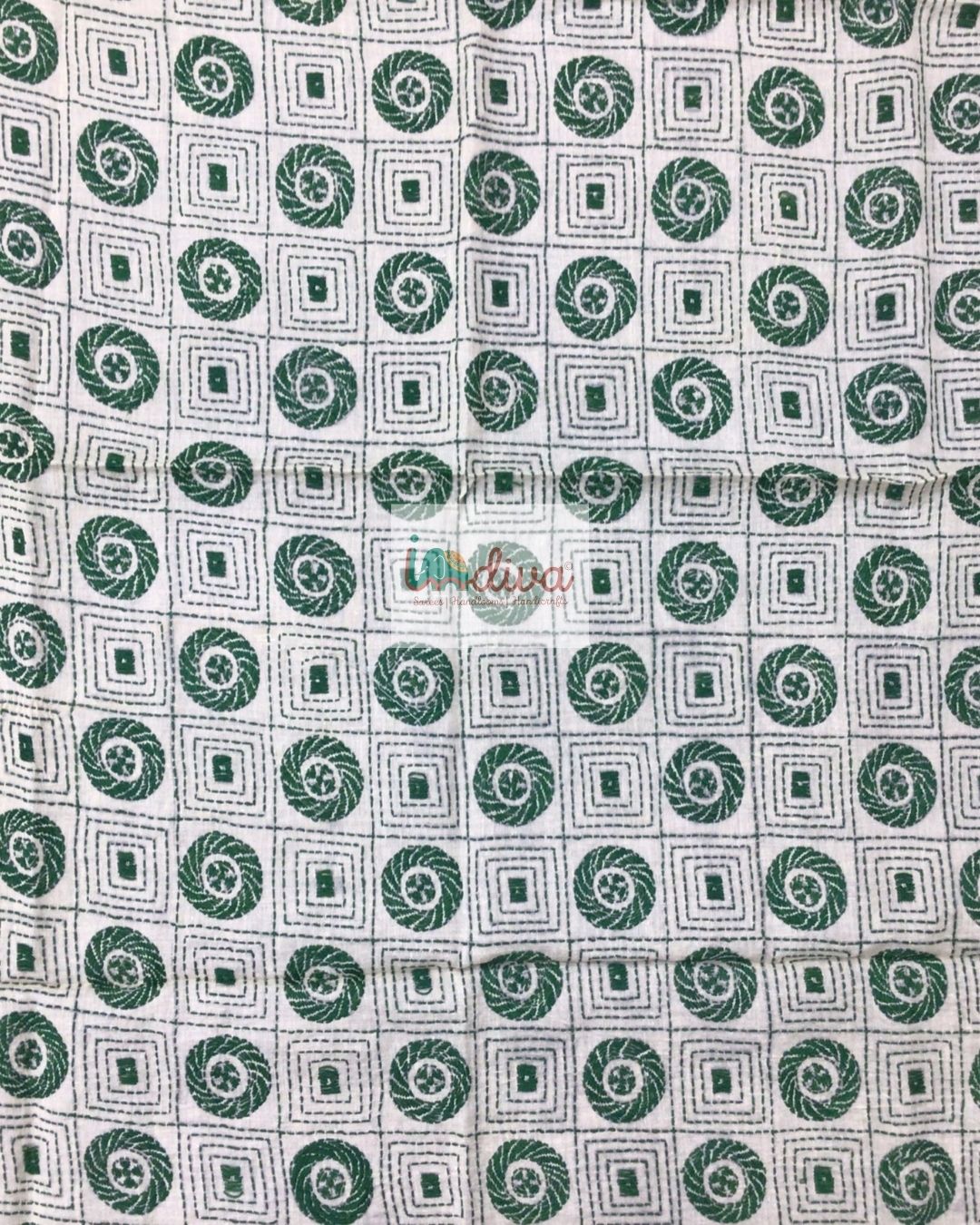 Beige Kantha Blouse Fabric With Green Motifs