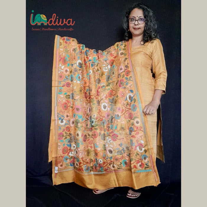 Yellow Floral Kantha Silk Dupatta-Display