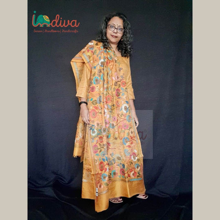 Yellow Floral Kantha Silk Dupatta-Shoulder