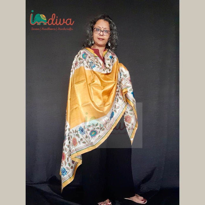 Yellow Handcrafted Kantha Tussar Silk Dupatta