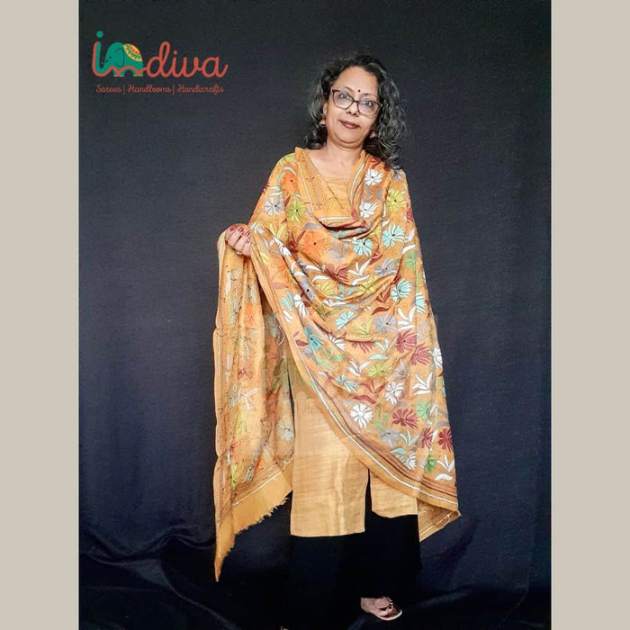 Yellow Handcrafted Kantha Work Silk Dupatta-Front