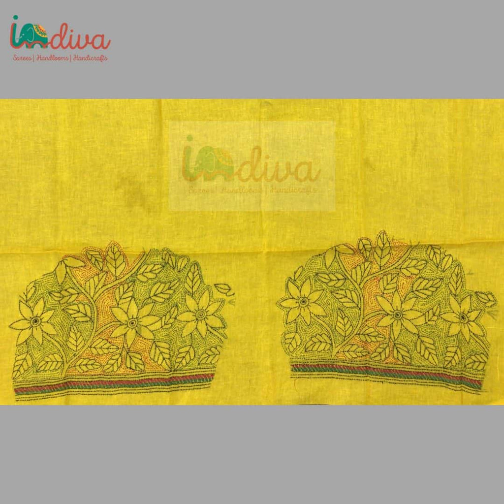 Yellow Reverse Kantha Stitch Blouse Fabric With Red & Green Leaves & F