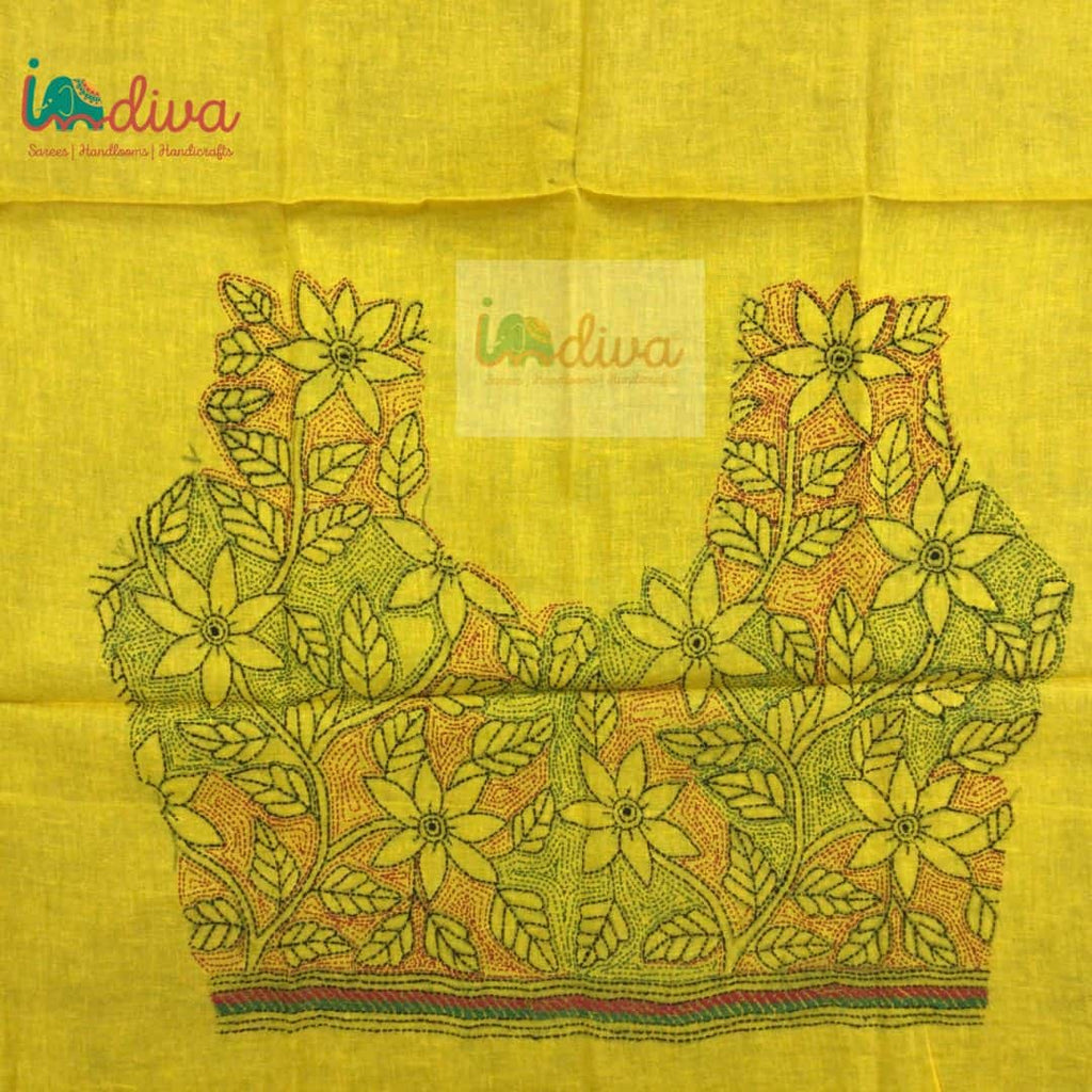 Yellow Reverse Kantha Stitch Blouse Fabric With Red & Green Leaves & F