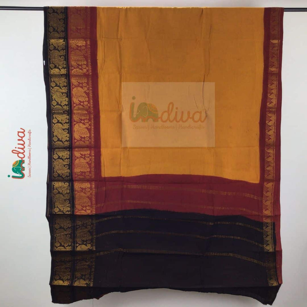Mustard Yellow Mustard Sungudi Cotton Saree with Green