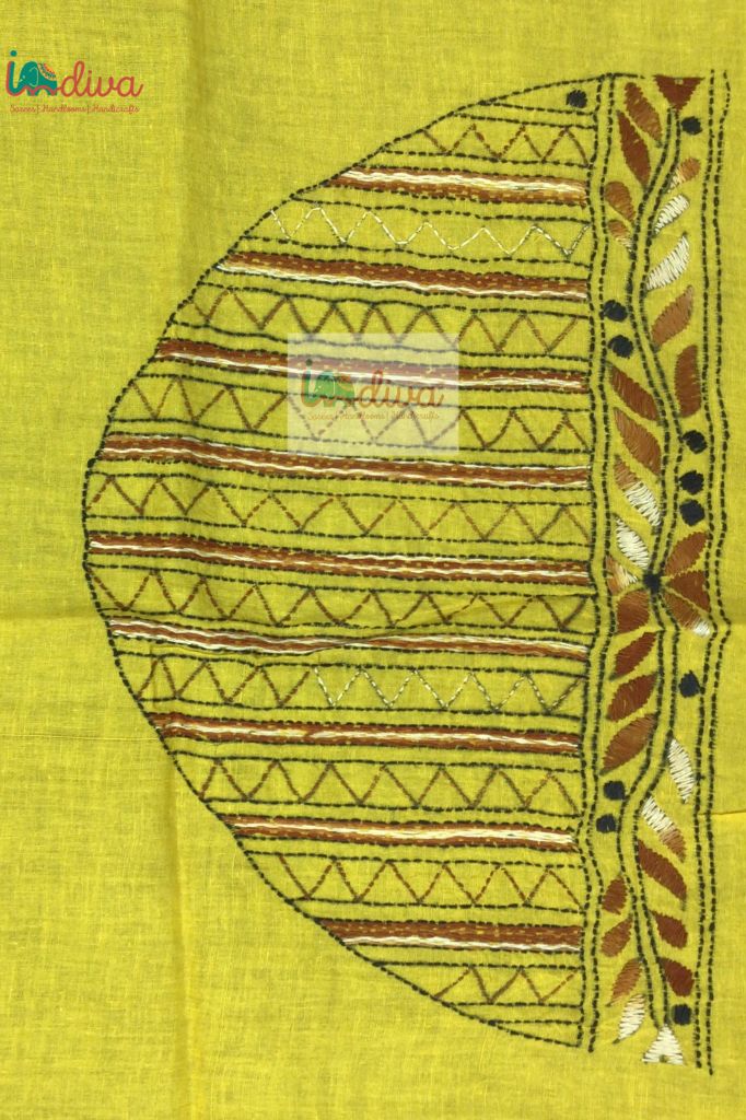 Yellow Kantha Blouse Material With Brown & Black Vertical Stripes