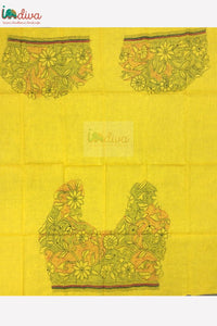 Yellow Reverse Kantha Blouse Fabric With Green & Red Floral Motifs