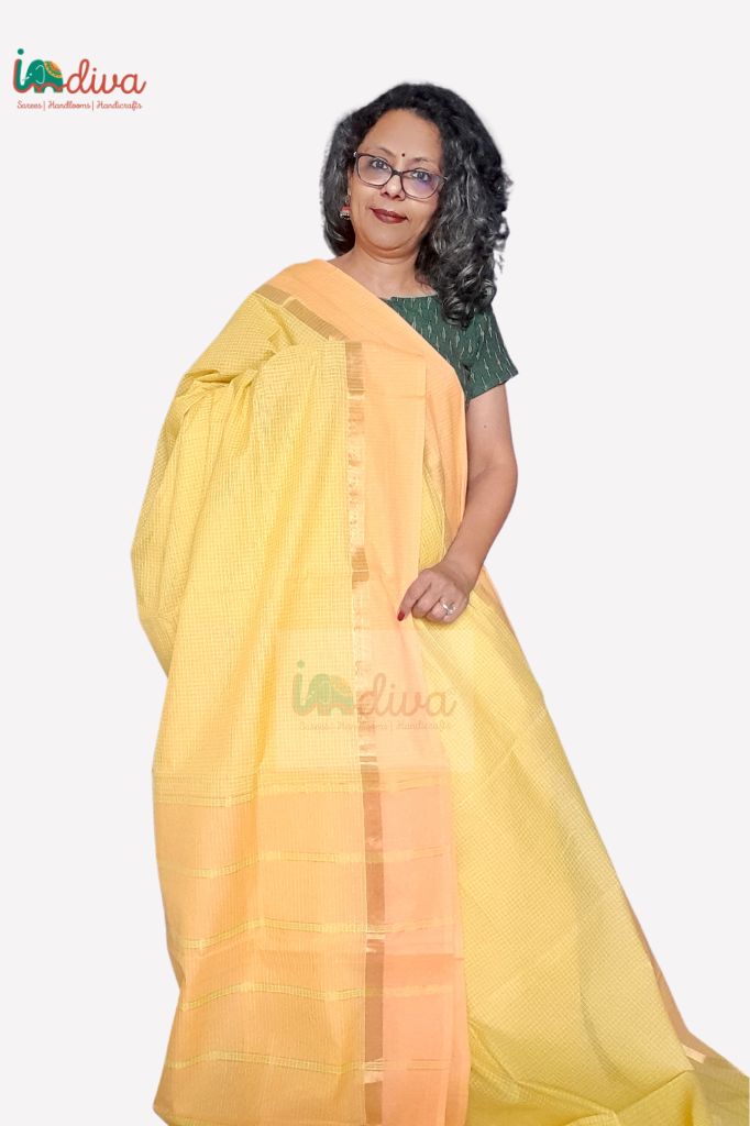 Yellow & Orange Checks Handloom Cotton Mangalgiri Saree