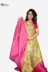 Yellow and Pink Block Printed Murshidabad Silk Saree