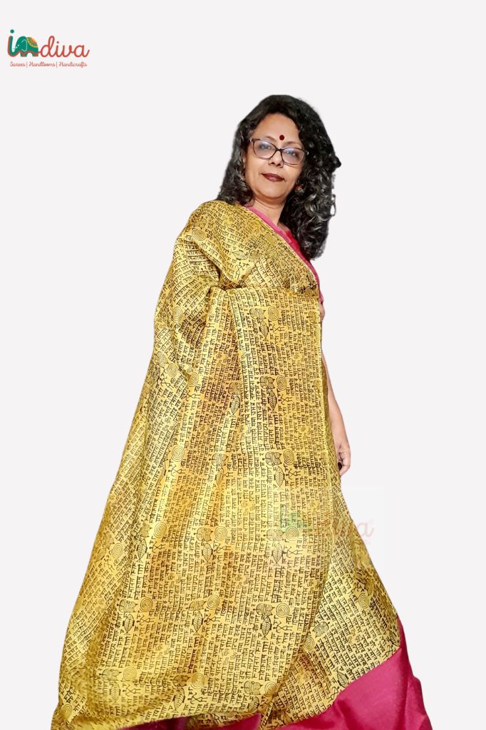 Yellow and Pink Block Printed Murshidabad Silk Saree