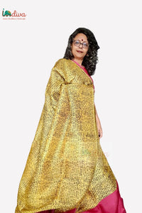 Yellow and Pink Block Printed Murshidabad Silk Saree