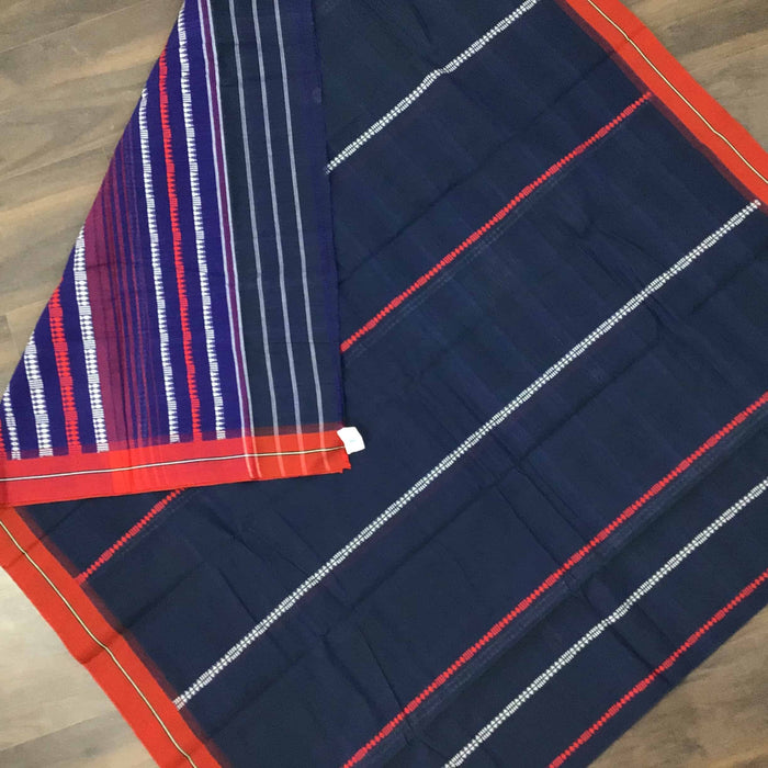Indiva Begampur Handloom Cotton Blue & Red saree-Body
