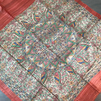 Brick Red  Hand Painted Tussar Madhubani Silk Saree-Pallu-Flat