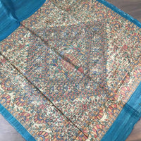 Blue Madhubani Hand painted Tussar Ghicha Saree Pallu