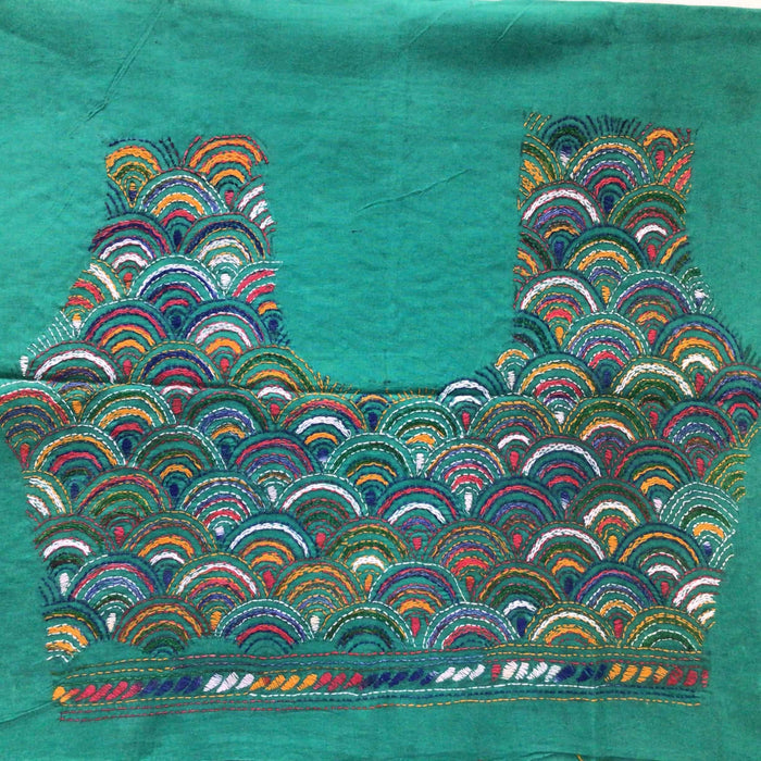 Indiva Contrast Kantha Embroidered Green Blouse-1b