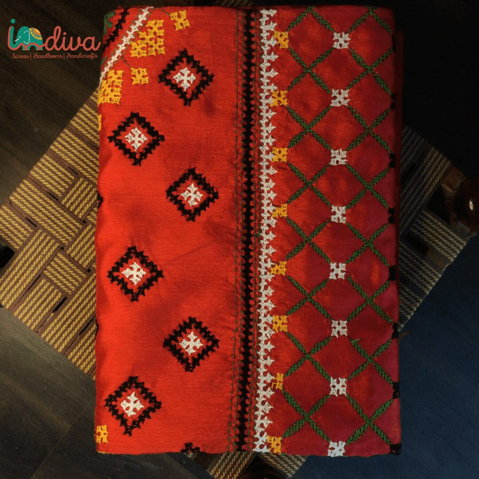 Indiva Gujarati Hand Embroidered Red Assam Silk Saree-1a