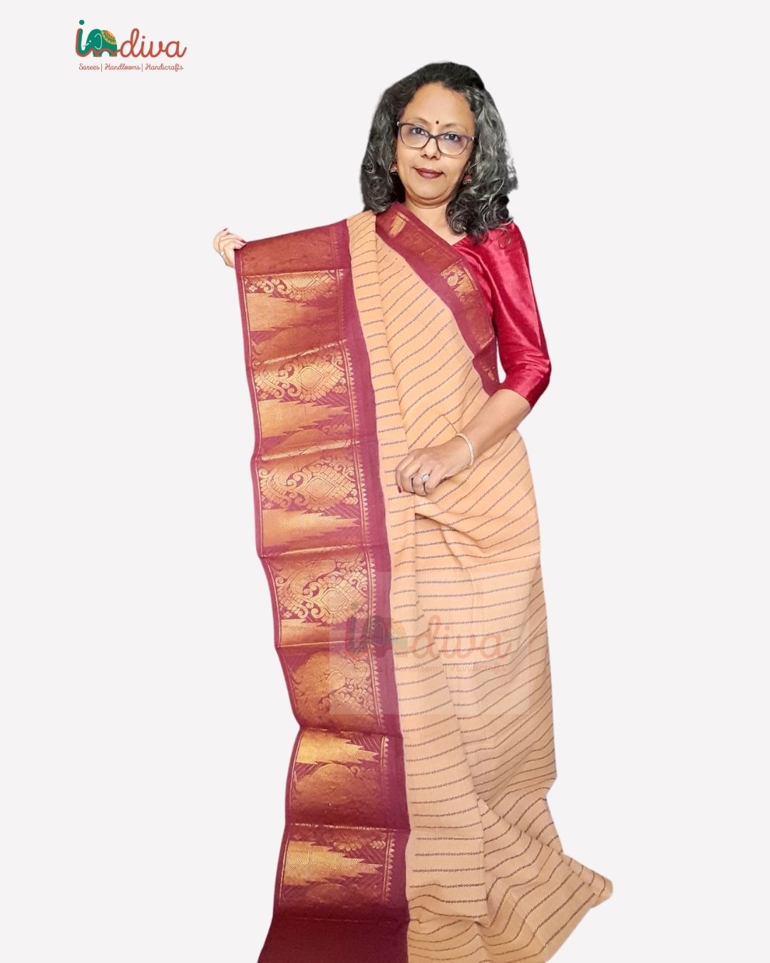 Sungudi Cotton Readymade Saree Paired with Brocade Blouse with Hip Bel –