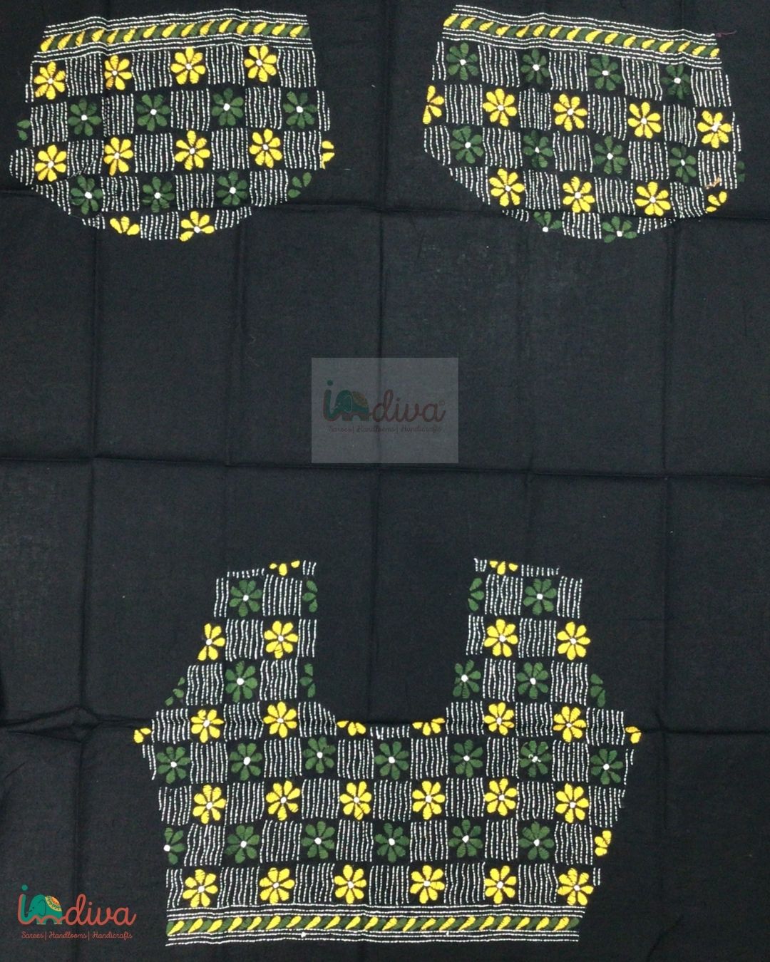Black Kantha Blouse Fabric With Yellow & Green Floral Motifs