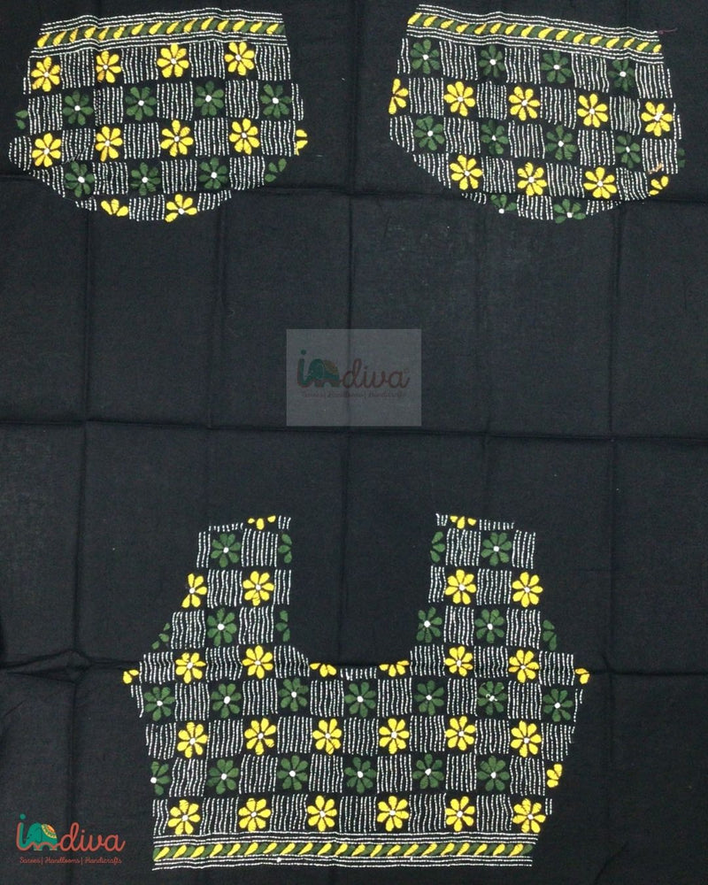 Black Kantha Blouse Fabric With Yellow & Green Floral Motifs