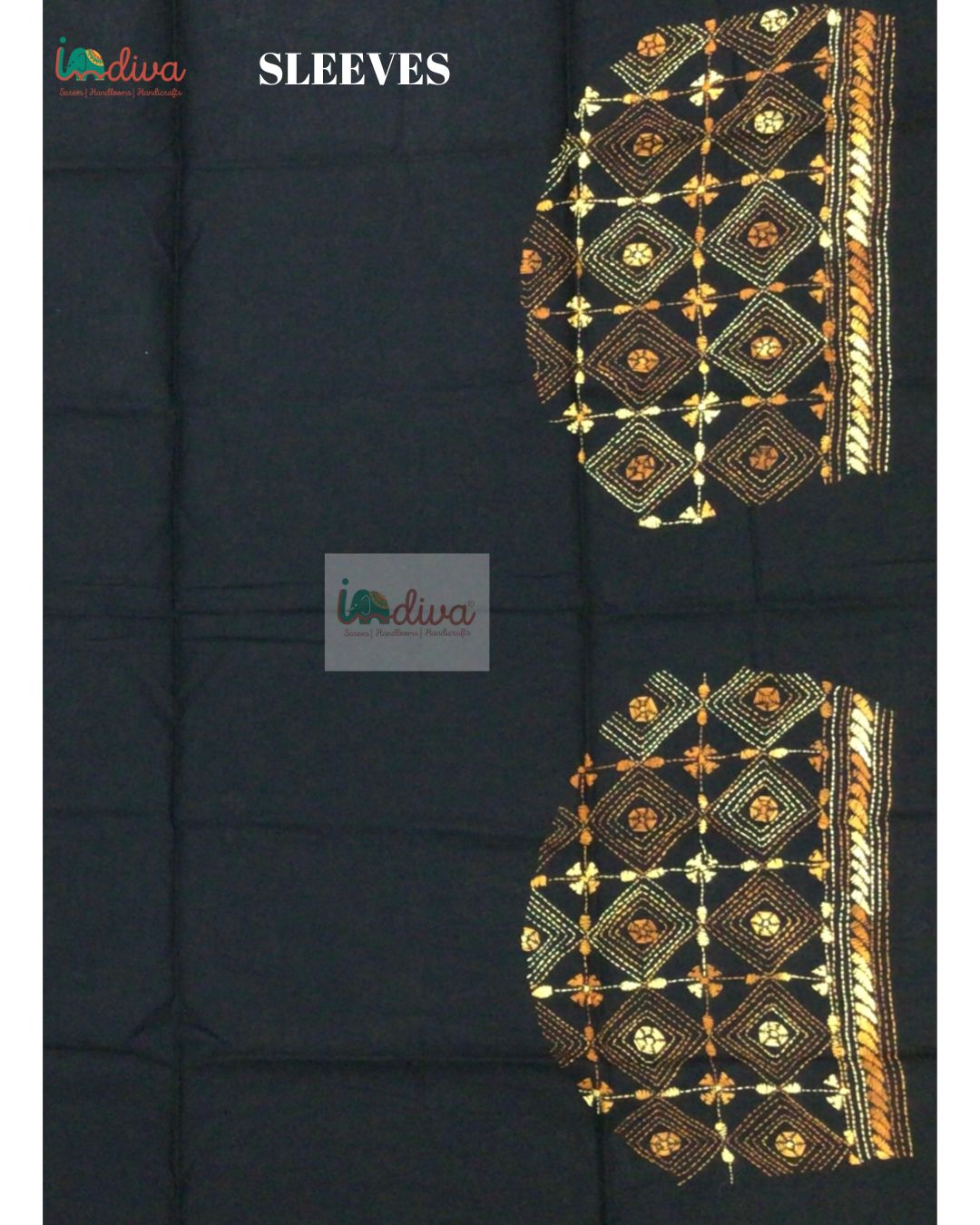 Black Kantha Blouse Fabric With White & Orange Motifs