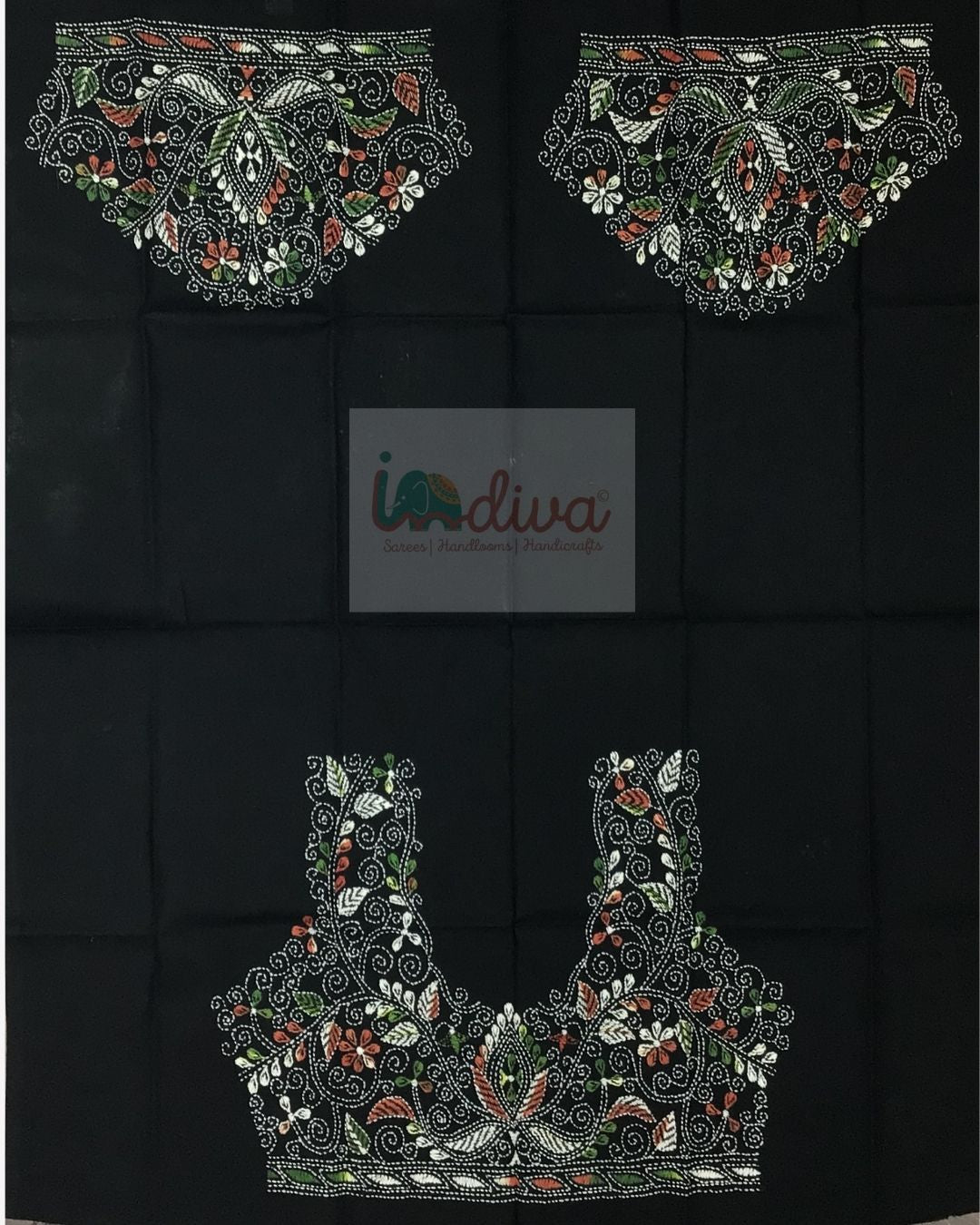 Black Kantha Blouse Fabric With White, Green, & Orange Motifs