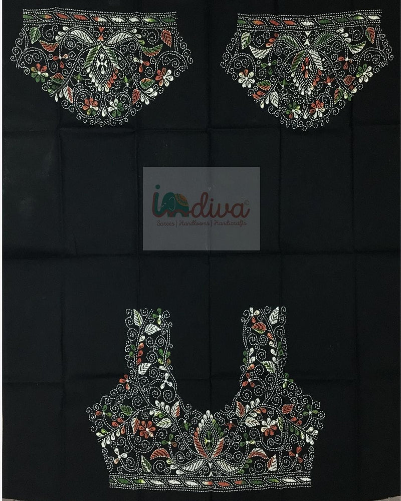 Black Kantha Blouse Fabric With White, Green, & Orange Motifs
