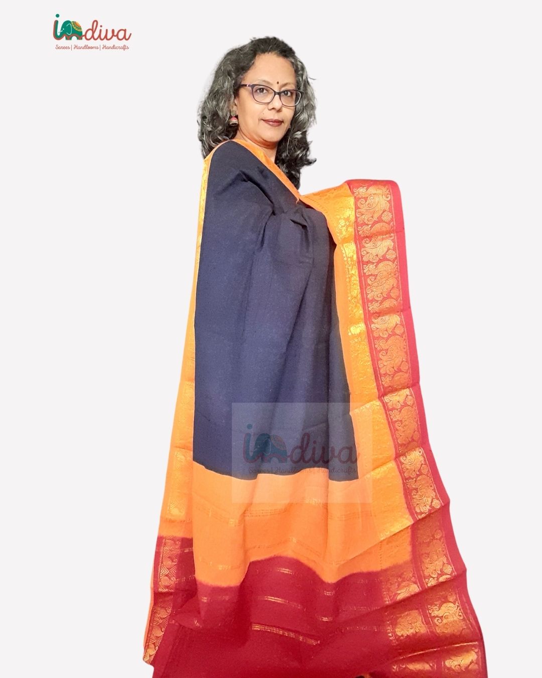 Blue Tie & Dye Ganga Jamuna Border Sungudi Handloom Cotton Saree