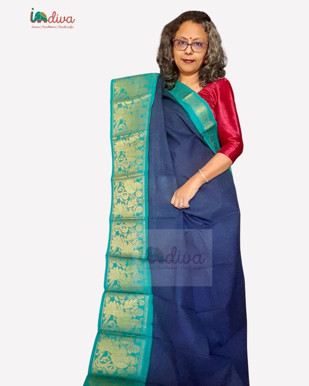 Blue & Green Tie Dye Sungudi Handloom Cotton Saree