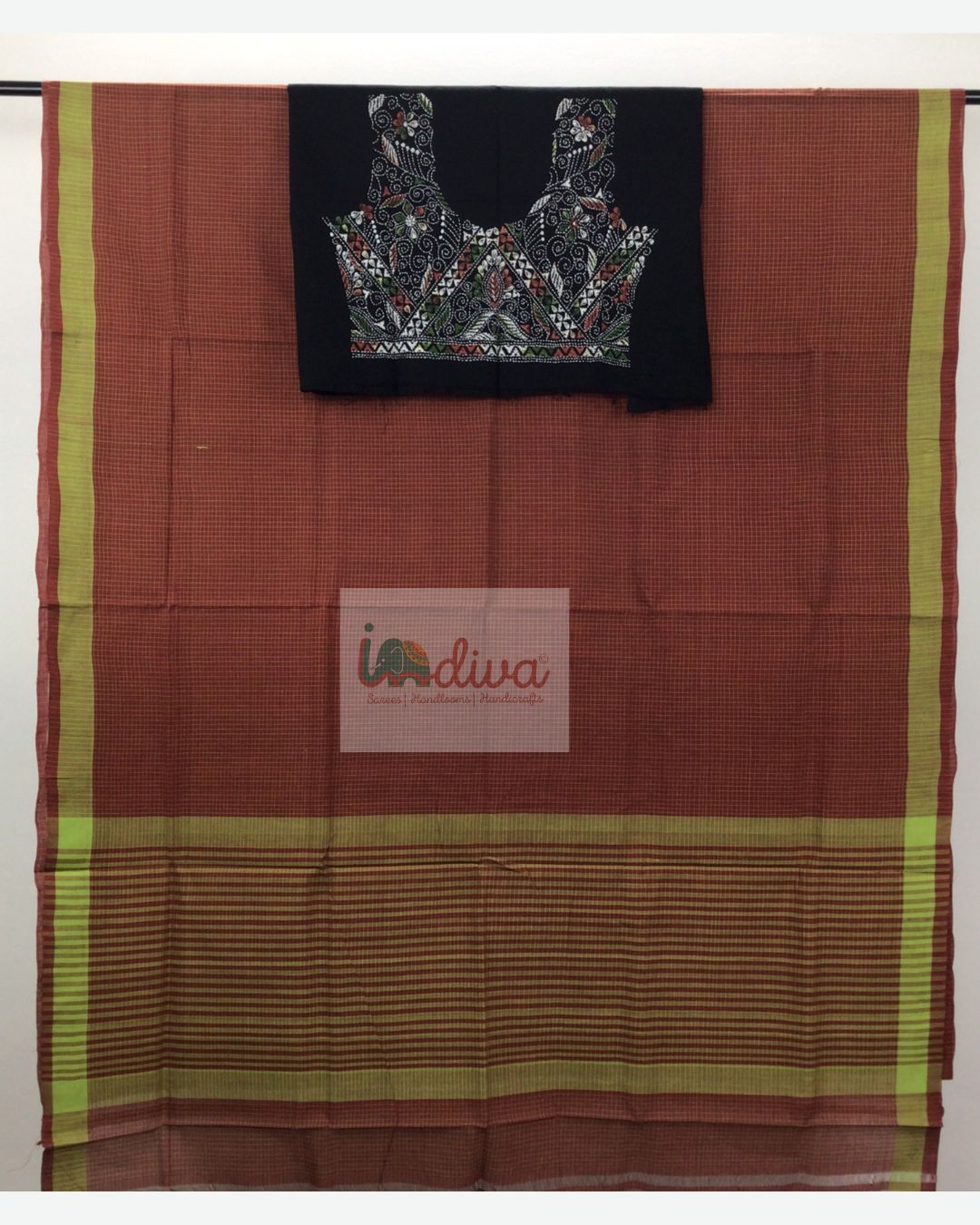 Brick Red Andhra Checks Handloom Cotton Saree