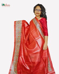 Brick Red Hand Painted Tussar Madhubani Silk Saree