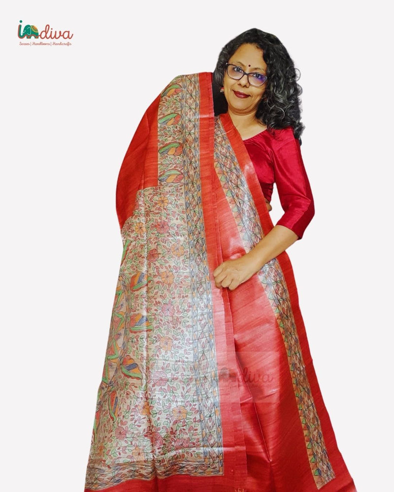 Brick Red Hand Painted Tussar Madhubani Silk Saree