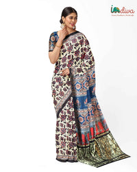Floral Block Printed Modal Silk Red & Blue Ajrakh Saree