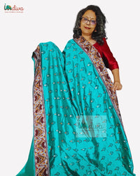 Green Handloom Dupion Silk Applique & Kantha Saree