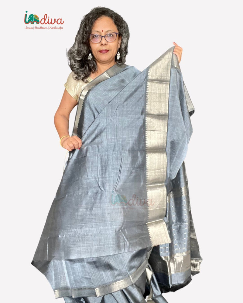Grey With Silver Border Handloom SICO Mangalgiri Saree