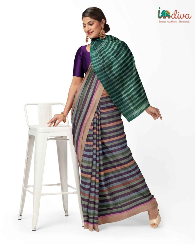 Indiva Adampalli Handwoven Green & Violet Cotton Saree